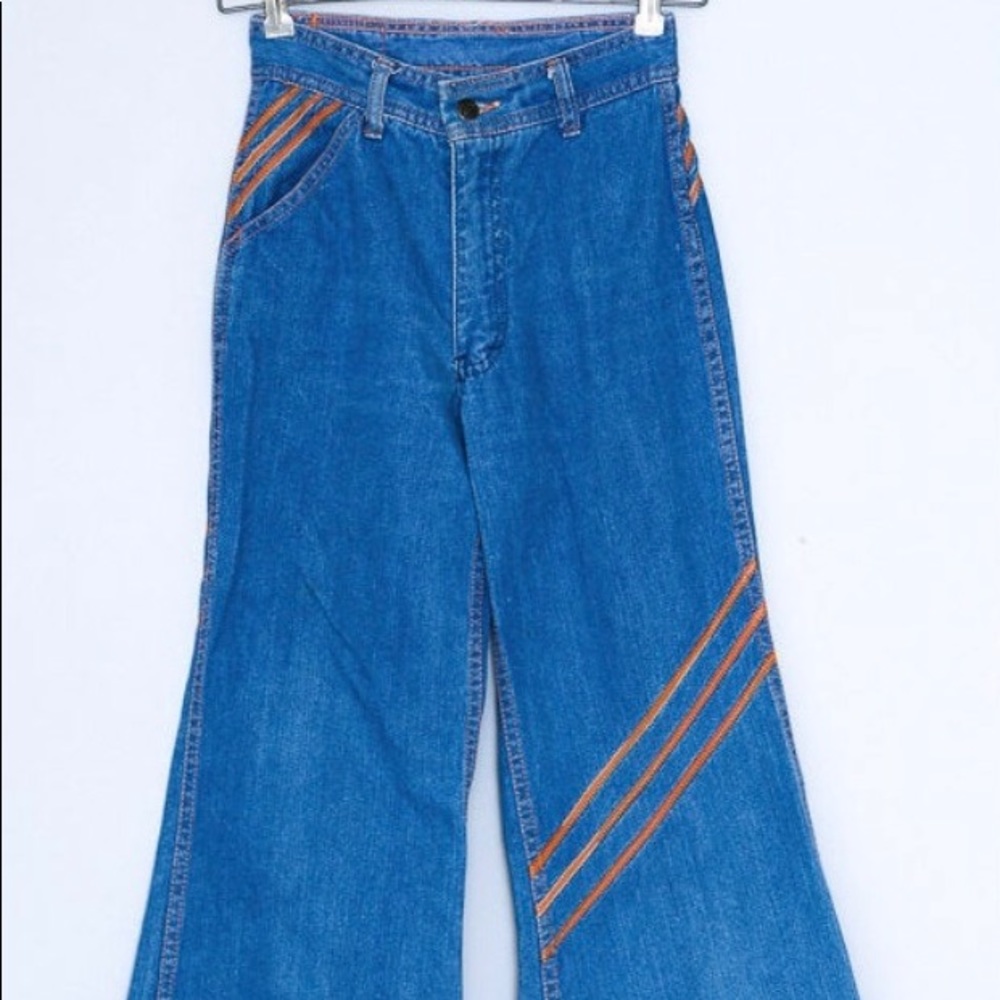 70s Denim Bell Bottom Pants Leather Striped w/ Rainbow Stitching Bohemian 24
